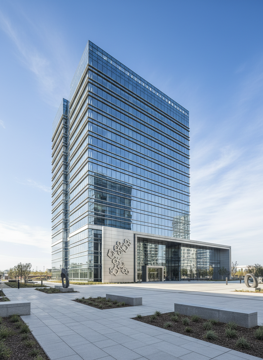 A sleek, glass-and-steel corporate headquarters of a modern energy and technology holding, seen from a slightly elevated angle in clear daylight. The building’s façade reflects a bright blue sky and subtle cloud formations, with clean horizontal lines leading the eye toward a central main entrance. Discreet metallic plaques near the entrance subtly suggest multiple subsidiaries connected within, like a clear navigation between divisions, without readable text. Soft, even natural light highlights the structure’s precision and order. The surrounding plaza is paved with light grey stone and minimal landscaping, creating a professional, credible atmosphere. Photographic realism with sharp focus throughout, balanced composition using the rule of thirds, and a calm, trustworthy mood suitable for a corporate homepage hero image.