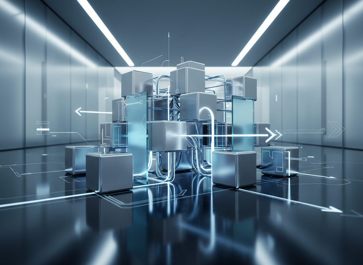 An abstract but realistic network of polished metal cubes and translucent glass panels interconnected by glowing, cable-like lines, symbolizing a professional holding that cleverly unites multiple companies. The structure is arranged on a dark reflective surface inside a modern corporate interior, with a subtle, semi-transparent overlay of schematic arrows and pathways indicating clear navigation between different subsidiaries, all without actual text. Cool white LED ceiling lighting creates crisp highlights on edges and gentle reflections in the floor. Captured at eye level with a shallow depth of field, the foreground connections are sharp while the background fades to a soft bokeh. The mood is innovative, structured, and trustworthy, with a clean, high-tech photographic style.