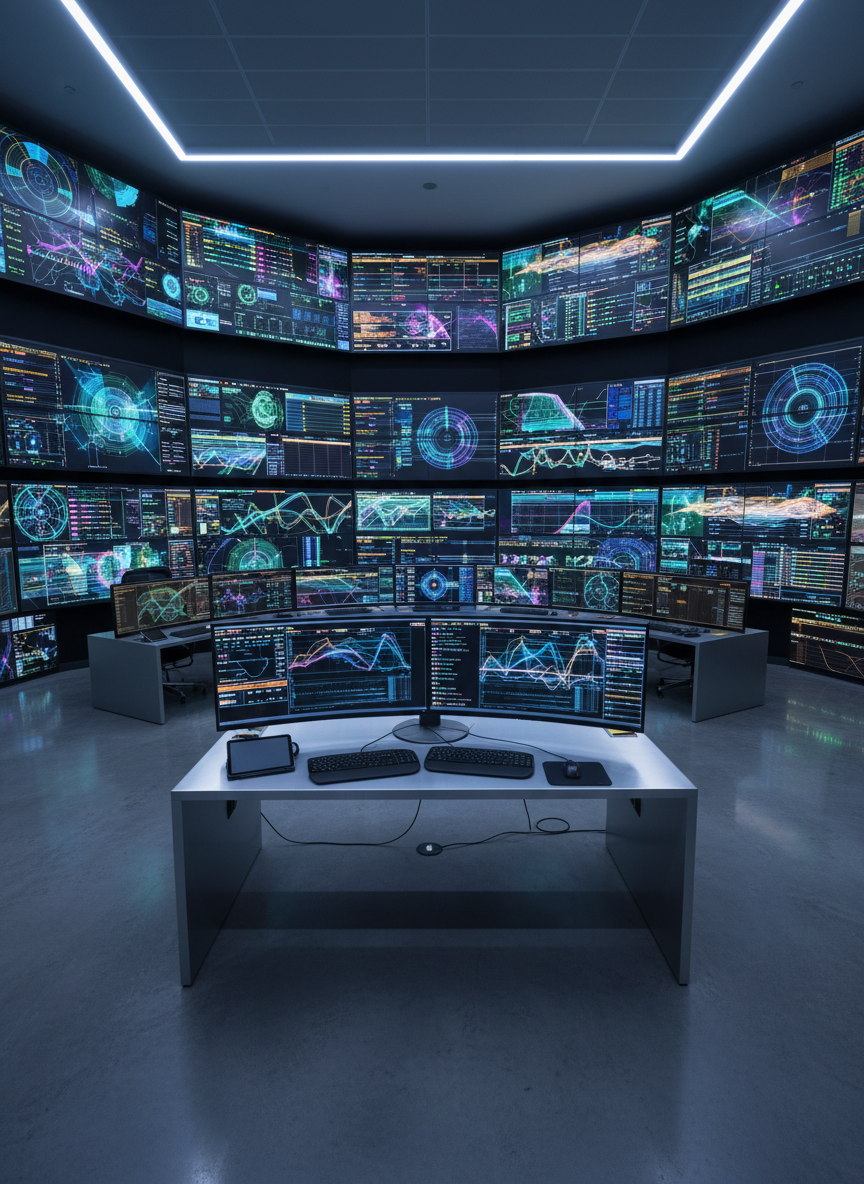 A bright, meticulously organized control and monitoring room focusing on rows of high-end, dark-framed screens displaying abstract graphical dashboards of electrical installation inspections and IT infrastructure status, no readable text. In front, a polished, minimal workstation with a brushed aluminum surface and neatly arranged equipment suggests professional oversight and quality assurance. Cool, diffused overhead LED lighting bathes the room, eliminating harsh shadows and emphasizing technical precision. Reflections on the glossy floor subtly mirror the glowing screens. The composition is centered with leading lines from desks and monitors drawing the eye inward, photographed in crisp, realistic detail. The atmosphere is highly competent, secure, and forward-looking, reinforcing the credibility of a holding active in electrical and IT sectors.