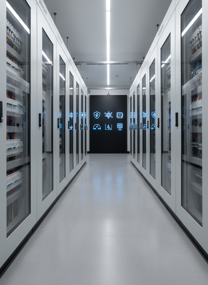 A close-up, photographic view of a professional electrical installation inspection scene inside a pristine industrial facility. Neatly arranged switchgear cabinets with matte white doors and brushed metal handles line both sides of a wide, polished concrete corridor. Transparent windows in the cabinets reveal orderly rows of labeled breakers, copper busbars, and colored wiring harnesses, all perfectly aligned. Overhead, linear LED lights cast an even, cool-white illumination that enhances the sense of precision and safety, with soft shadows along the floor. At the far end, a digital wall panel displays stylized, non-text symbols for electrical and IT diagnostics. Shot from a low, slightly angled perspective, the image conveys reliability, technical expertise, and structured organization.