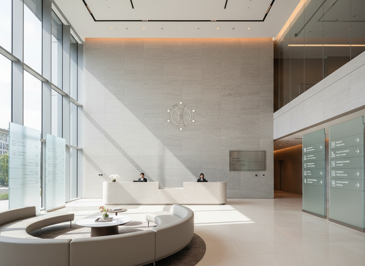 The entrance lobby of a corporate headquarters for a modern holding company, captured in photographic realism. A large, polished stone reception wall in light grey stands prominently, with a subtle, engraved-style geometric mark where the company logo would be, and a clearly framed yet non-readable plaque area symbolizing the prominently displayed HQ address. Around it, minimalist signage panels and icon-based directories suggest clear navigation linking different subsidiaries within the building. Natural daylight from a tall glass façade combines with warm recessed ceiling lights, creating a balanced, welcoming yet highly professional atmosphere. The floor is glossy stone, reflecting soft highlights. Shot from an eye-level perspective with wide-angle framing, the composition emphasizes openness, clarity, and corporate credibility.