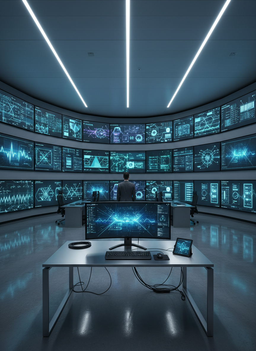 A bright, meticulously organized control and monitoring room focusing on rows of high-end, dark-framed screens displaying abstract graphical dashboards of electrical installation inspections and IT infrastructure status, no readable text. In front, a polished, minimal workstation with a brushed aluminum surface and neatly arranged equipment suggests professional oversight and quality assurance. Cool, diffused overhead LED lighting bathes the room, eliminating harsh shadows and emphasizing technical precision. Reflections on the glossy floor subtly mirror the glowing screens. The composition is centered with leading lines from desks and monitors drawing the eye inward, photographed in crisp, realistic detail. The atmosphere is highly competent, secure, and forward-looking, reinforcing the credibility of a holding active in electrical and IT sectors.