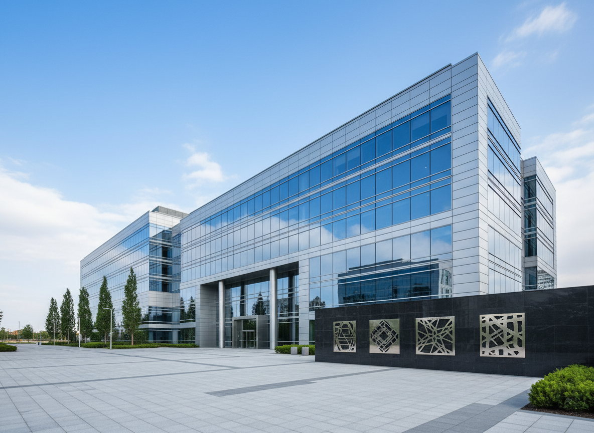 A sleek, glass-and-steel corporate headquarters of a modern energy and technology holding, seen from a slightly elevated angle in clear daylight. The building’s façade reflects a bright blue sky and subtle cloud formations, with clean horizontal lines leading the eye toward a central main entrance. Discreet metallic plaques near the entrance subtly suggest multiple subsidiaries connected within, like a clear navigation between divisions, without readable text. Soft, even natural light highlights the structure’s precision and order. The surrounding plaza is paved with light grey stone and minimal landscaping, creating a professional, credible atmosphere. Photographic realism with sharp focus throughout, balanced composition using the rule of thirds, and a calm, trustworthy mood suitable for a corporate homepage hero image.